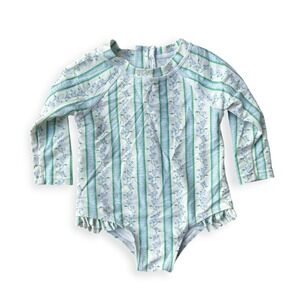 Edgehill Collection Baby Girls Blue Green Floral Stripe Long Sleeve Swimsuit 12M